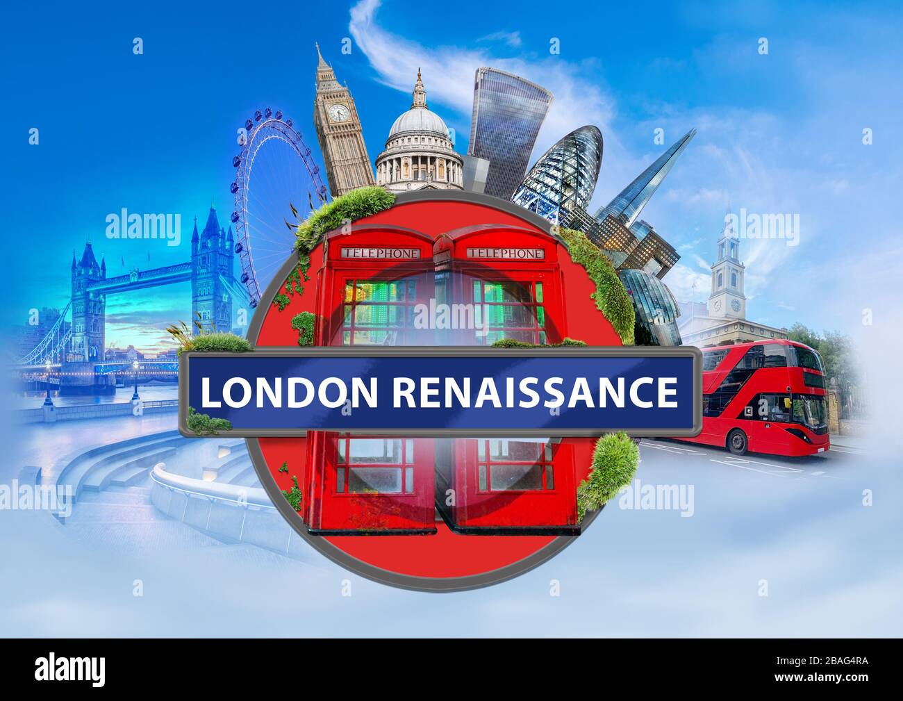 Design grafico dei più importanti monumenti di Londra, concetto di destinazione di viaggio nel Regno Unito Foto Stock