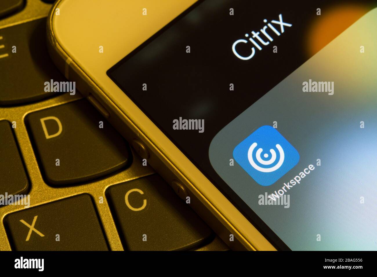 Icona dell'app mobile Citrix Workspace in primo piano. La piattaforma basata su cloud consente agli utenti di accedere a SaaS, applicazioni Web, dispositivi mobili, applicazioni virtuali, file e desktop in movimento. Foto Stock