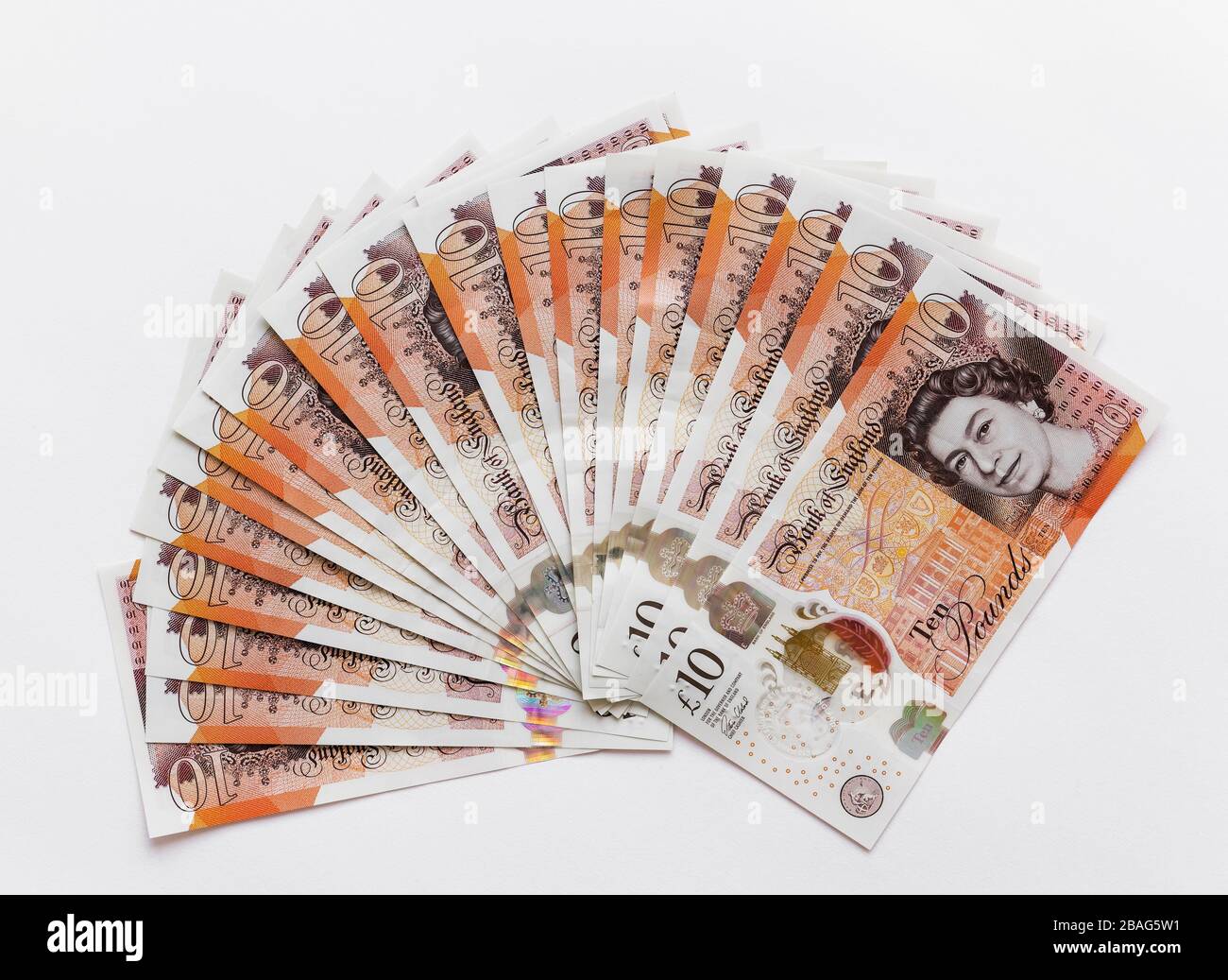 Polymer £10 note della Bank of England emesse il 14 settembre 2017 disposte come fan Foto Stock
