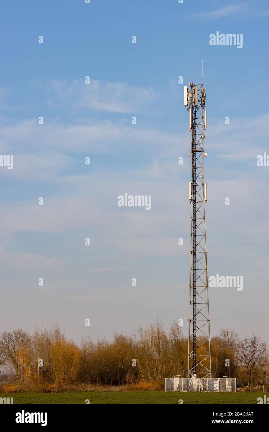 Torre del telefono cellulare in ambiente rurale con cielo blu sullo sfondo Foto Stock