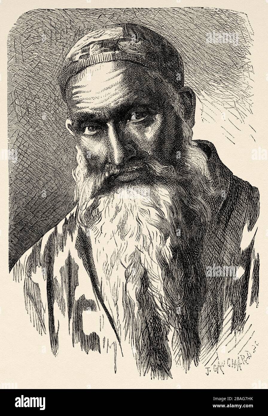 Ritratto di un uomo arabo con una barba lunga, da Viaggi in Asia centrale 1863 di Armin Vambery. Vecchia incisione El Mundo en la mano 1878 Foto Stock