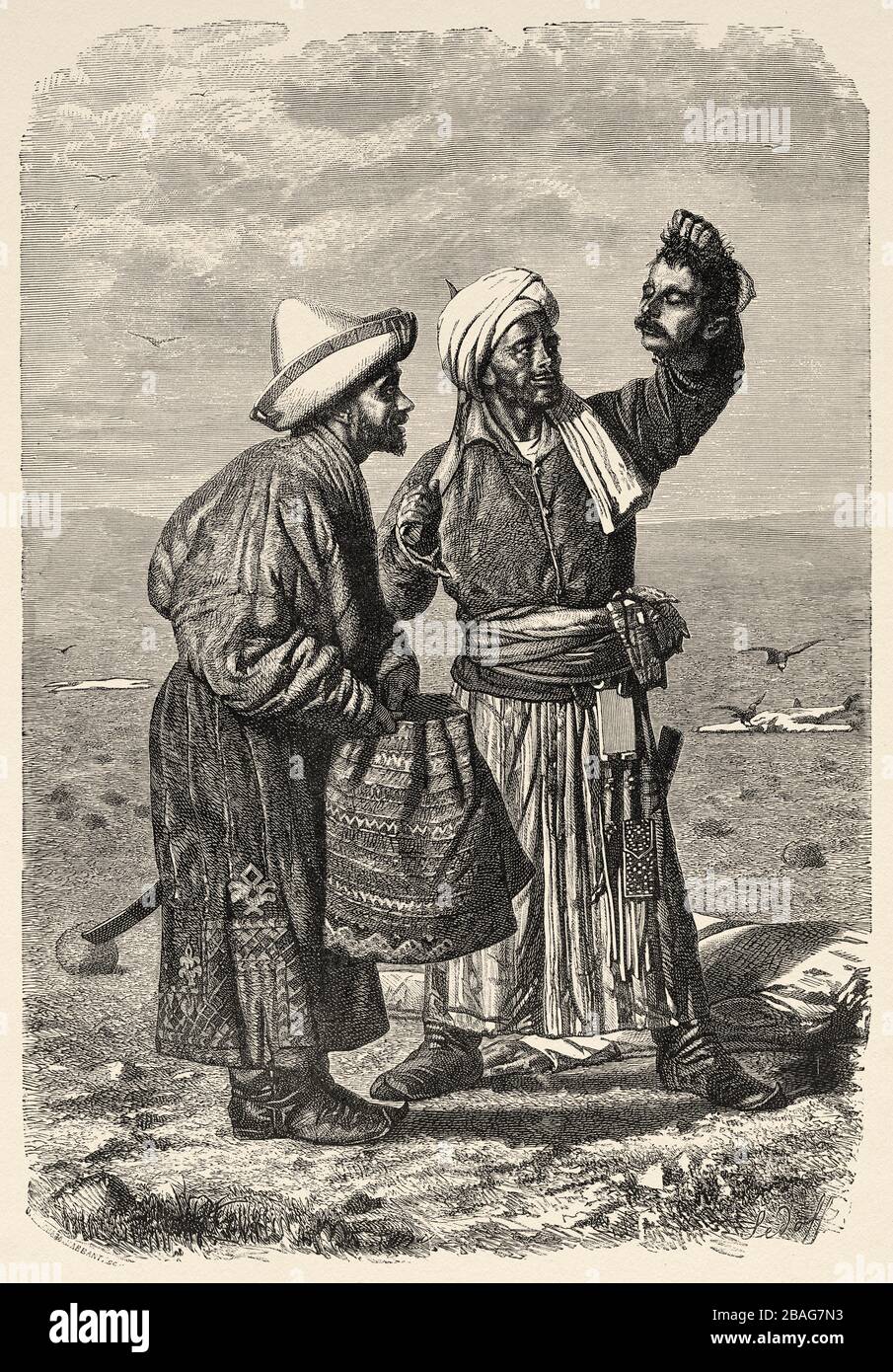 Un soldato afghano che tiene la testa tagliata del suo nemico, da Travels in Asia centrale 1863 di Armin Vambery. Vecchia incisione El Mundo en la mano 1878 Foto Stock