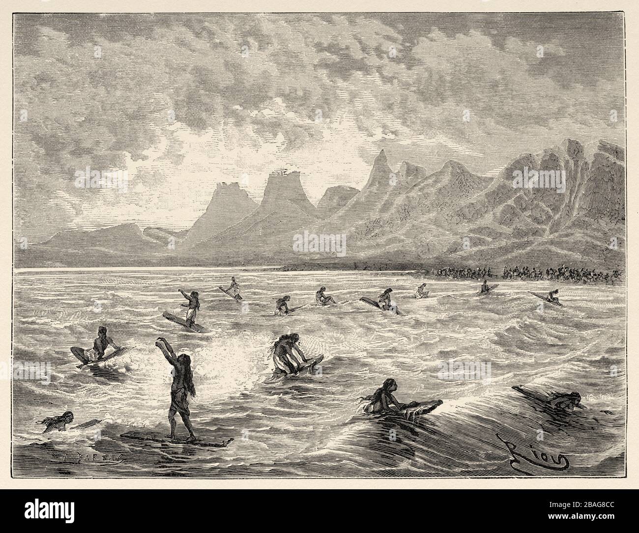 Surf hawaiani. Hawaii, Stati Uniti. Viaggio alle isole hawaiane 1855 di Charles de Varigny, avventuriero francese, diplomatico e scrittore. Vecchio Foto Stock