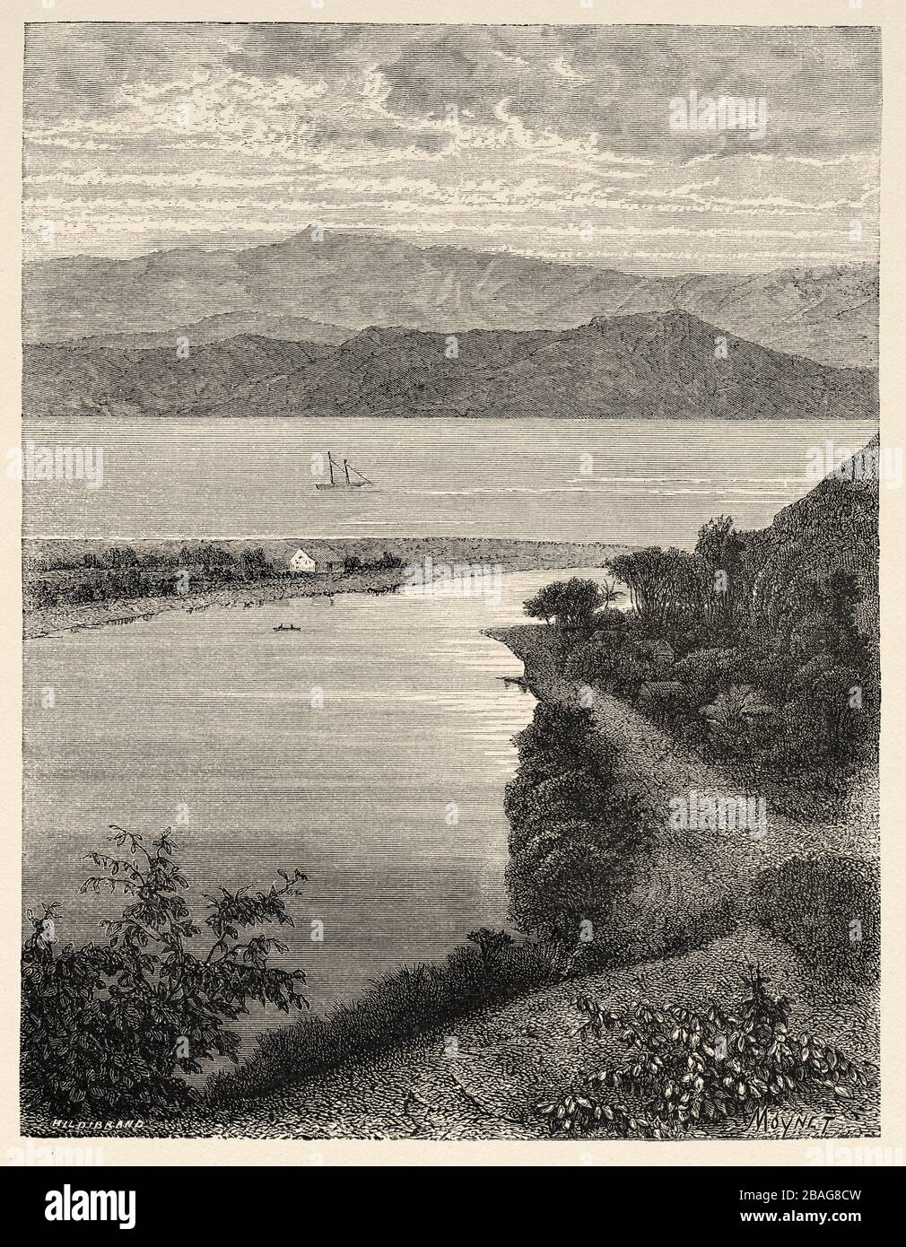 Vista panoramica della costa dell'isola delle Hawaii. Hawaii, Stati Uniti. Gita alle Isole Hawaii 1855 di Charles de Varigny, avventuriero francese Foto Stock