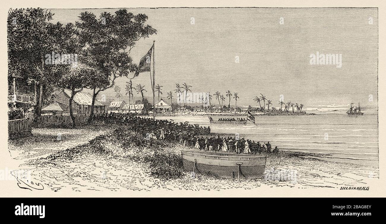 Sbarco del re nella città di Hilo. Hawaii, Stati Uniti. Gita alle Isole Hawaiiane 1855 di Charles de Varigny, avventuriero francese Foto Stock