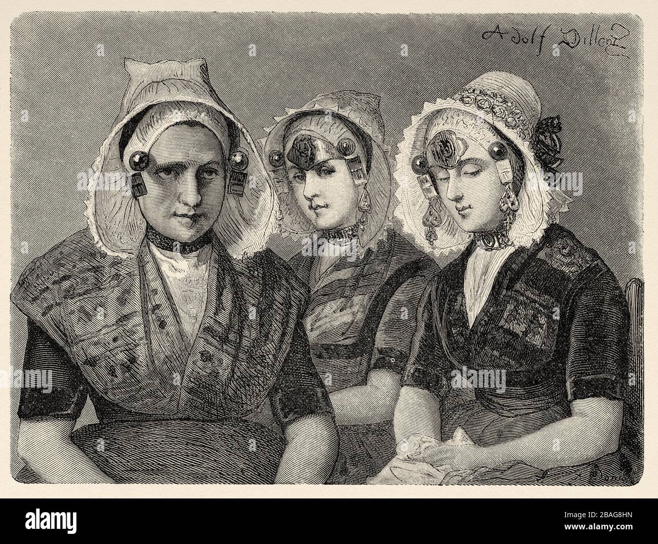 Madre Block e le sue figlie a Kruiningen, Paesi Bassi, Europa. Viaggio nella Zelanda 1873, di Charles De Coster. Vecchia incisione Foto Stock