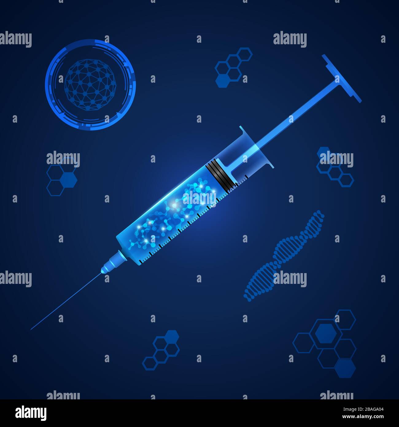 Illustrazione della siringa con DNA e RNA su sfondo blu. Virus, vaccino batterico illustrazione vettoriale. Illustrazione Vettoriale