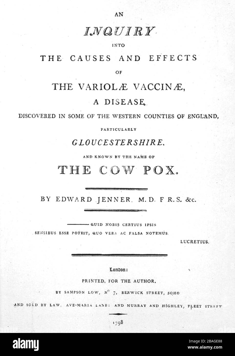 VAIOLO pagina del titolo del libro seminale di Edward Jenner del 1798 Foto Stock