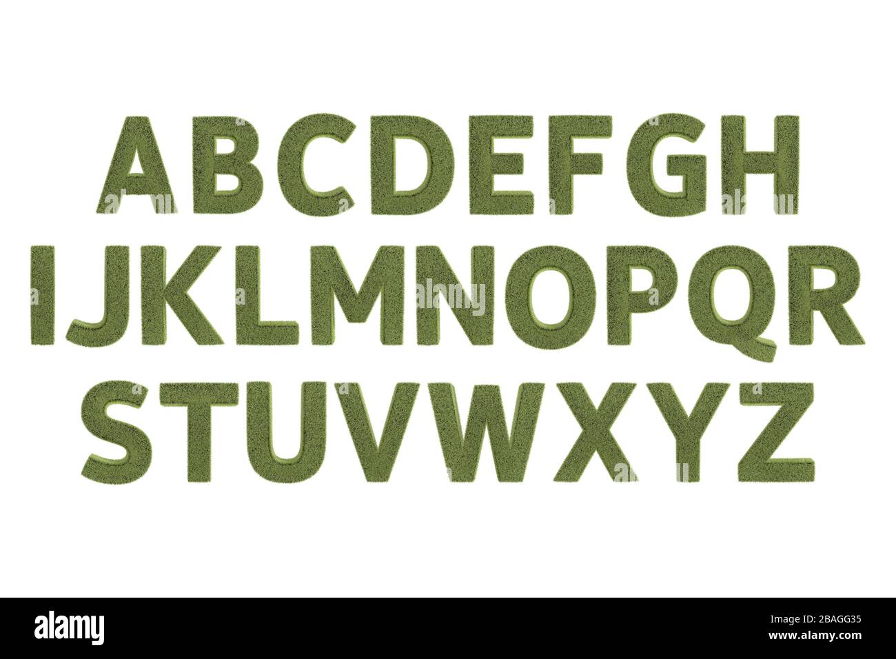 rendering 3d, vista frontale dei pezzi di lettere verdi in alfabeto maiuscolo, carattere naturale per il tuo progetto, isolato su sfondo bianco. Foto Stock