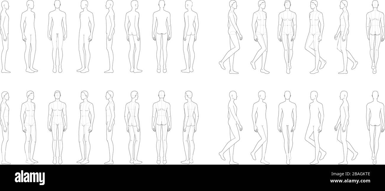 Modello di moda da 14 uomini. 9 dimensioni testa per disegno tecnico con e senza linee principali. Uomini figura vista anteriore, laterale, 3-4 e posteriore. Vector Outline boy per schizzi e illustrazioni di moda. Illustrazione Vettoriale