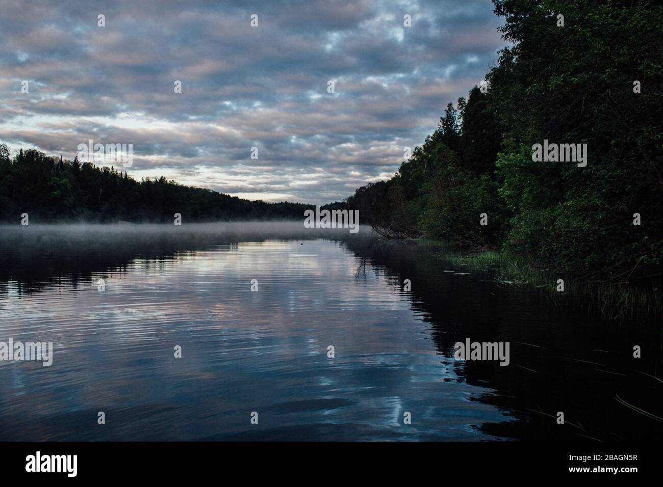 Nebbia sul fiume spagnolo in Massey Ontario con cielo nuvoloso Foto Stock