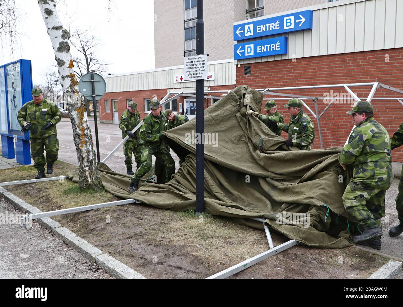 Motala, Svezia 20200315 la Guardia di Casa (la Guardia di Casa - forze di sicurezza nazionali è una forza militare di riserva delle forze armate svedesi) assiste la sanità e la Regione Östergötland con tende per ordinare i pazienti in connessione con il coronavirus, covid-19. Qui si allestì una tenda all'ospedale di Motala. Foto Jeppe Gustafsson Foto Stock