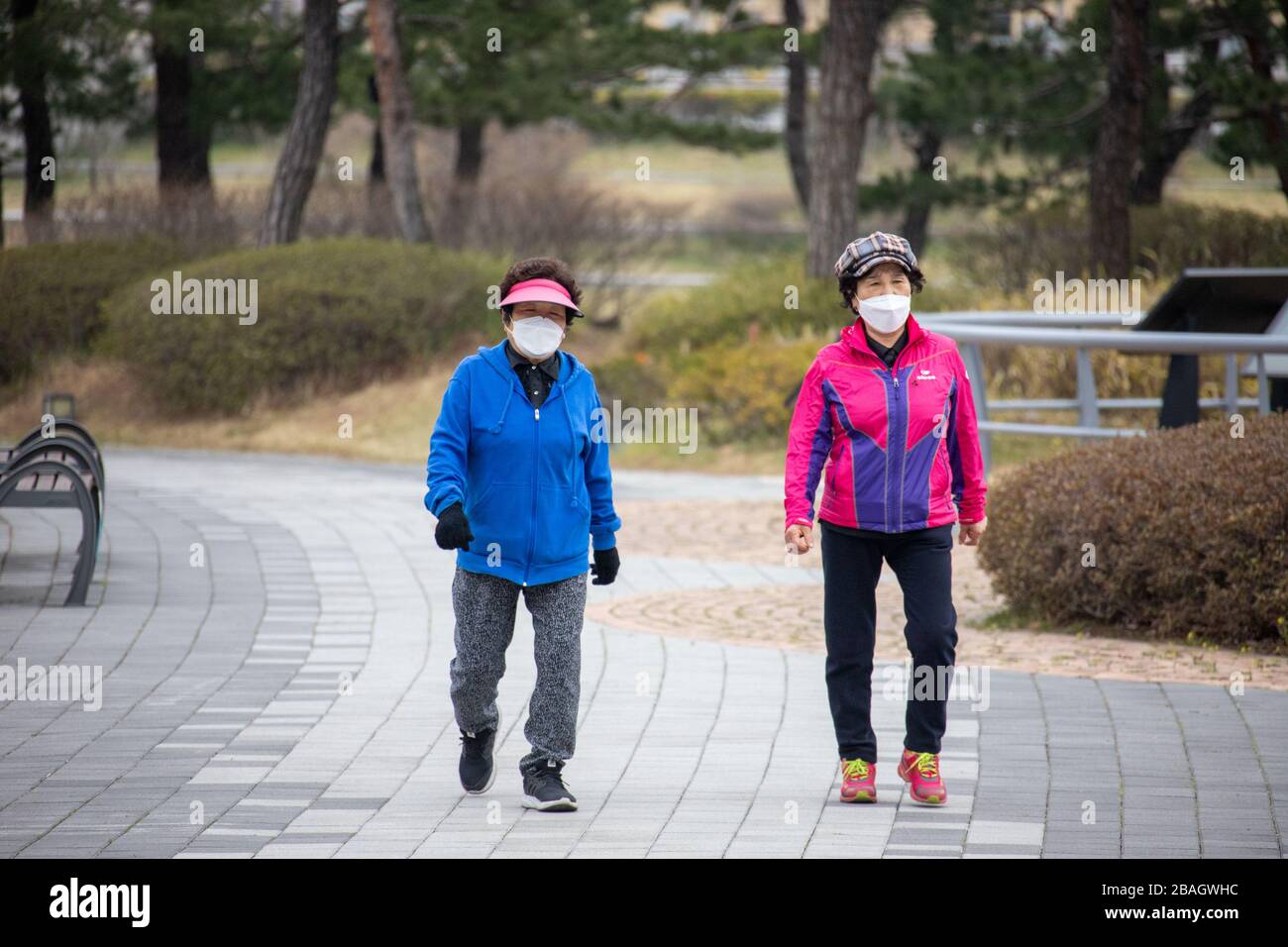 Donne anziane che camminano per il fitness durante la pandemia di Coronavirus, Seoul, Corea Foto Stock
