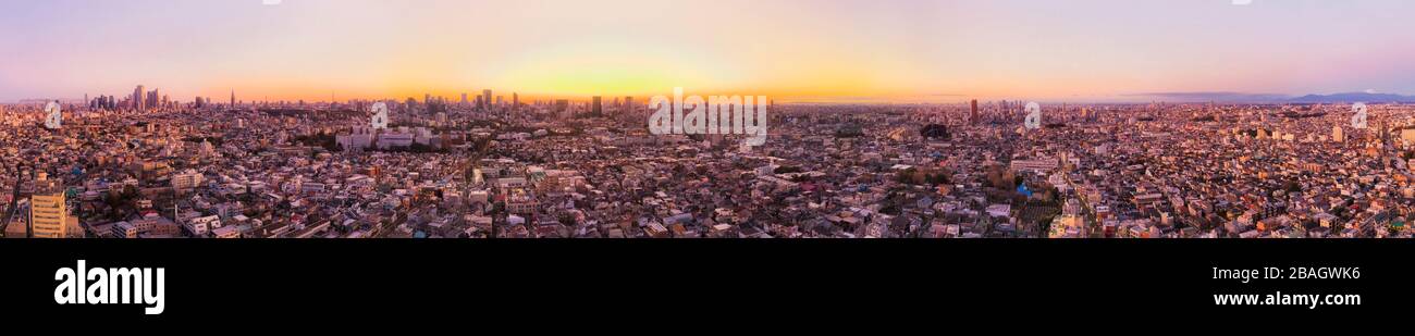 Ampio panorama aereo dell'area urbana nella città di Tokyo, da Shinjuku al lontano Monte Fuji all'alba. Foto Stock