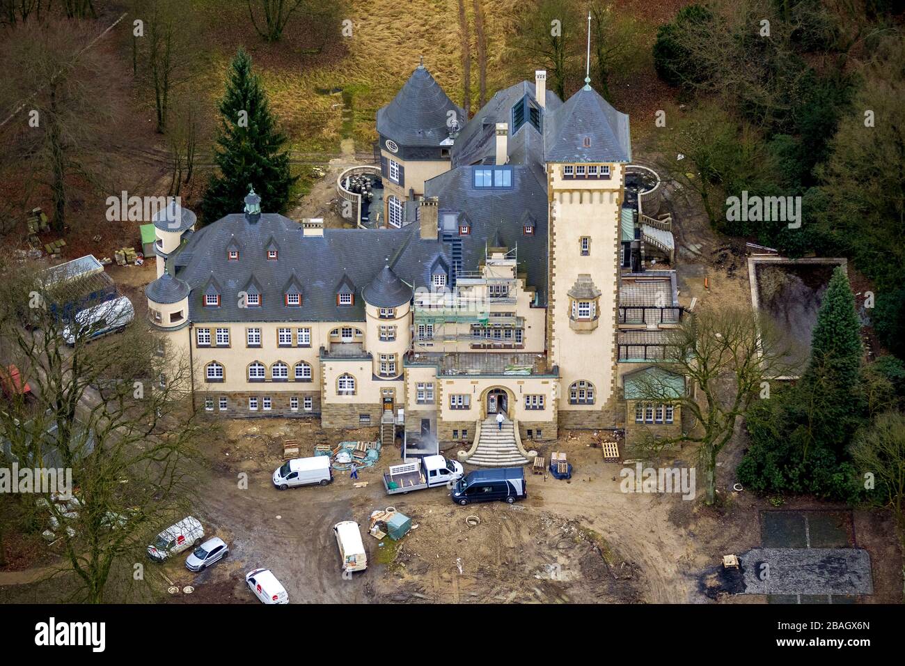 , castello-come casa padronale Villa hartenfels nella foresta della città di Duisburg, 07.01.2014, vista aerea, Germania, Nord Reno-Westfalia, Ruhr Area, Duisburg Foto Stock