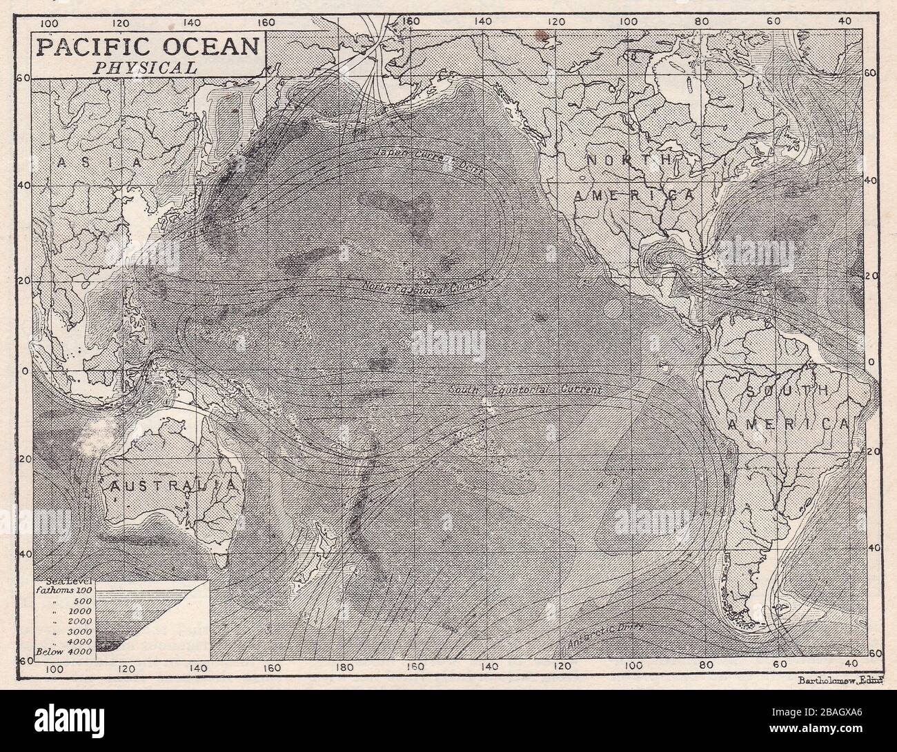 Mappa d'epoca dell'Oceano Pacifico fisico 1900s. Foto Stock