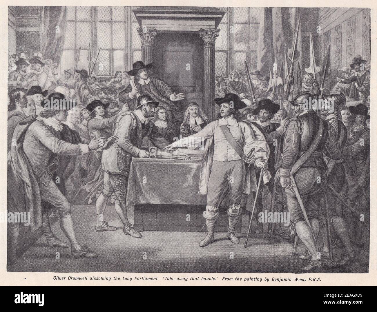Togliere la bauble - Oliver Cromwell dissolve il Parlamento lungo da Benjamin West. Foto Stock