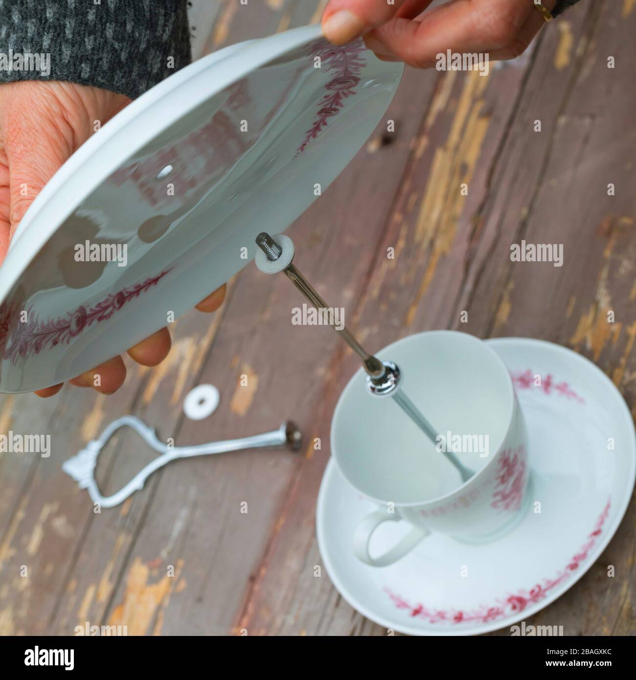 Birdhouse è fatto con un vecchio caffè set, serie foto 5/6, Germania Foto Stock