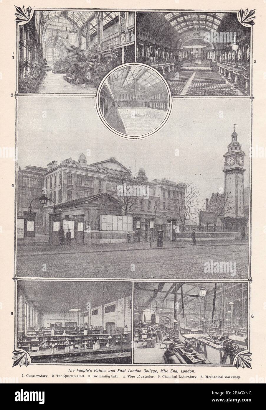 Vintage foto in bianco e nero del People's Palace e dell'East London College, Mile End, Londra, 1900s. Foto Stock