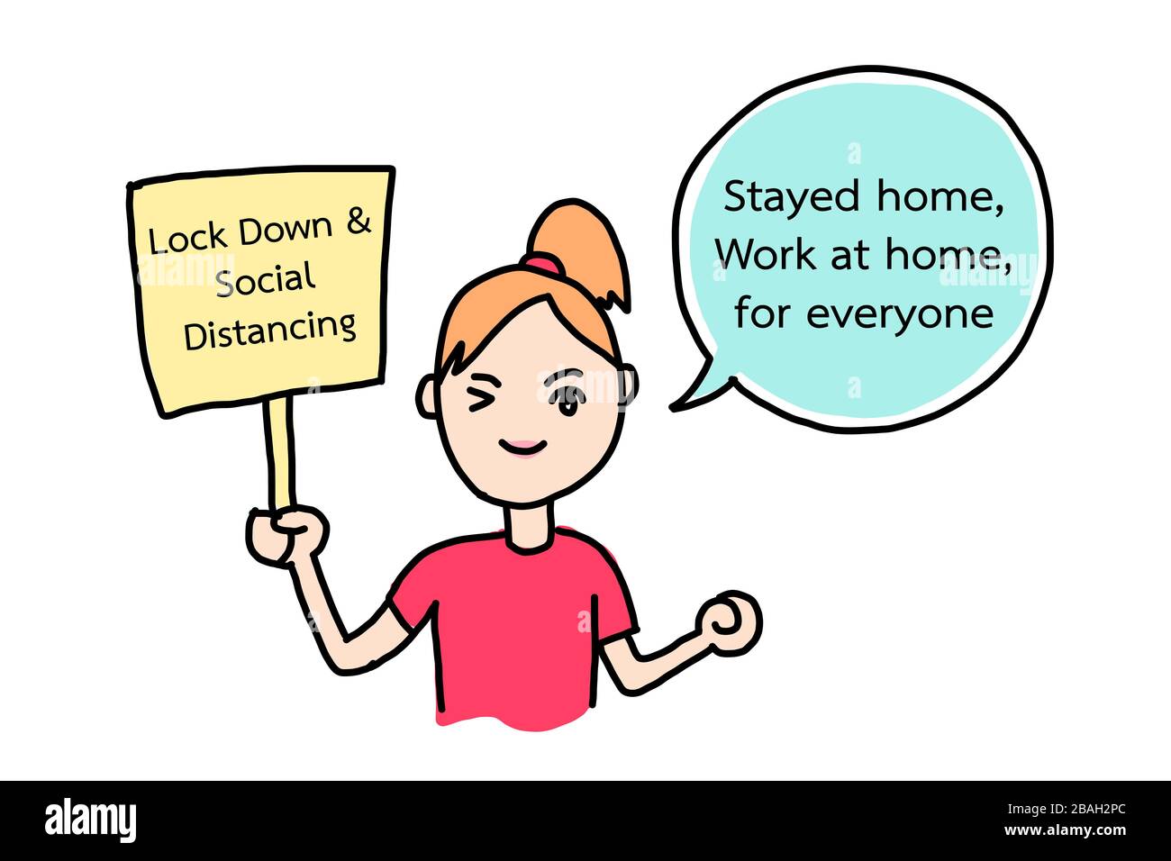 Donne con segno e discorso su COVID-19. Distanza sociale e rimanere a casa, lavorare a casa quando chiudere città o paese per rallentare l'oubea Illustrazione Vettoriale