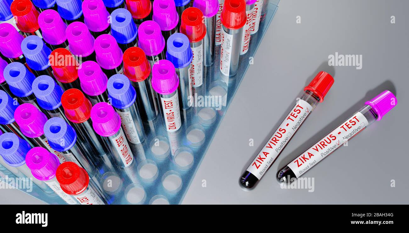Virus ZIKA - provette per analisi, esami del sangue - illustrazione 3D Foto Stock