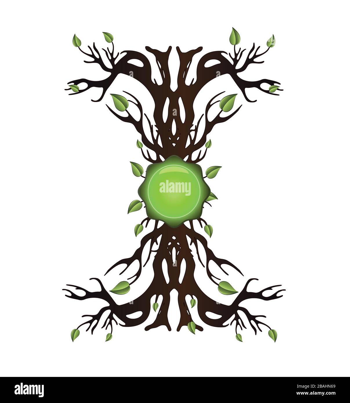 Albero di crescita con radici e sigillo, disegno astratto, oggetto isolato su vettore di sfondo bianco Illustrazione Vettoriale