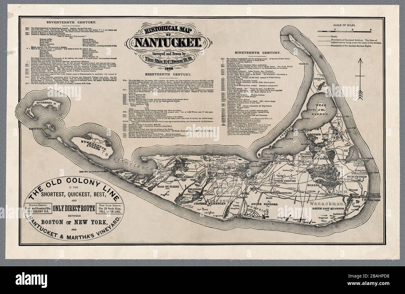 Nantucket Island, 1869. Riproduzione restaurata. Una mappa storica che include ricchi dettagli storici che coprono il 17 °, 18 ° e 19 ° secolo. CITES rivendicazioni, insediamenti e terreni di sepoltura dei nativi americani. Foto Stock