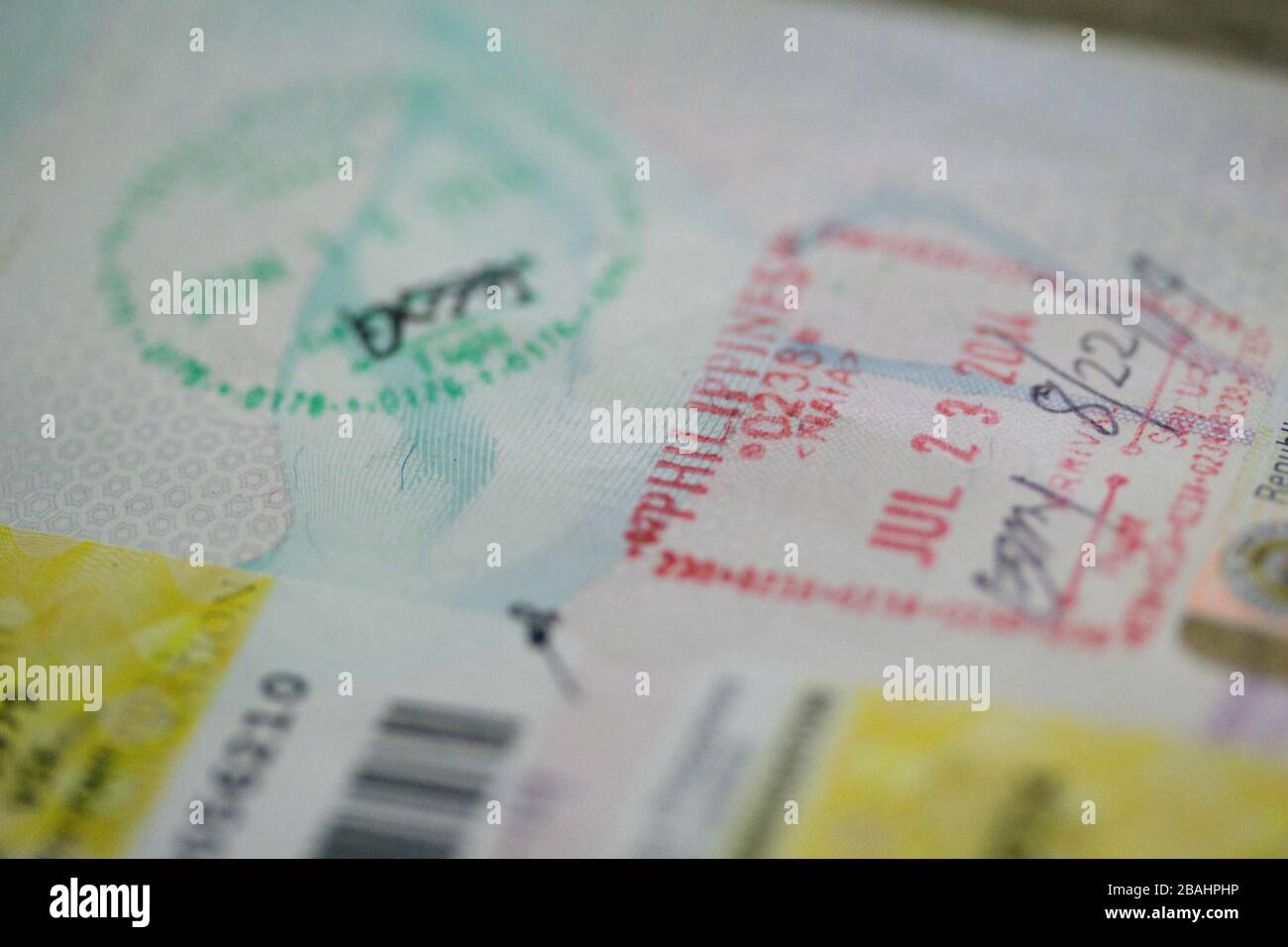 Timbro sul passaporto che indica l'arrivo nelle Filippine. Foto Stock