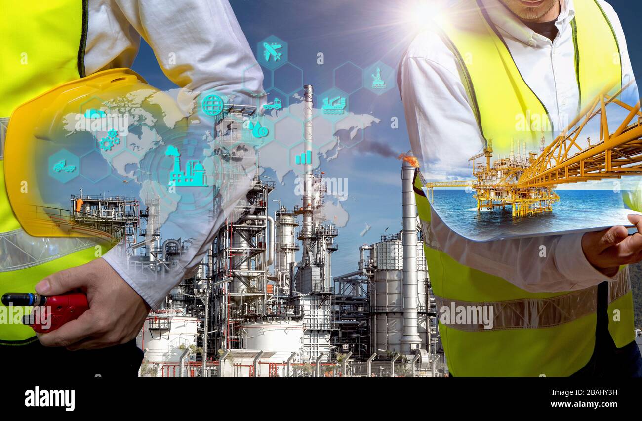 Industry 4.0 Concept, processo di raffinazione del petrolio di impianti di raffineria e perforazione offshore di petrolio greggio, doppia esposizione di ingegneri con collegamento del sistema energetico Foto Stock