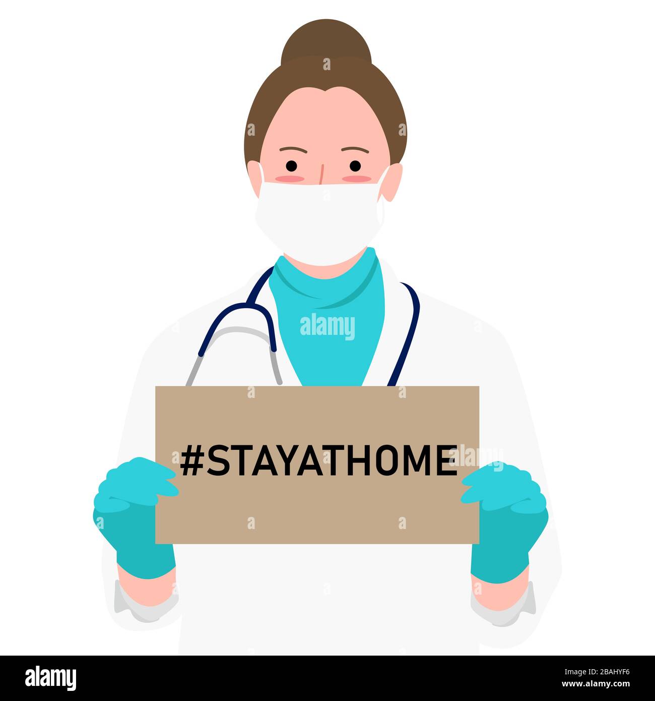 Covid-19 coronavirus quarantena campagna di soggiorno a casa piano design. Figura di cartone animato che indossa la maschera facciale medica che tiene il soggiorno a casa illustrazione di Illustrazione Vettoriale