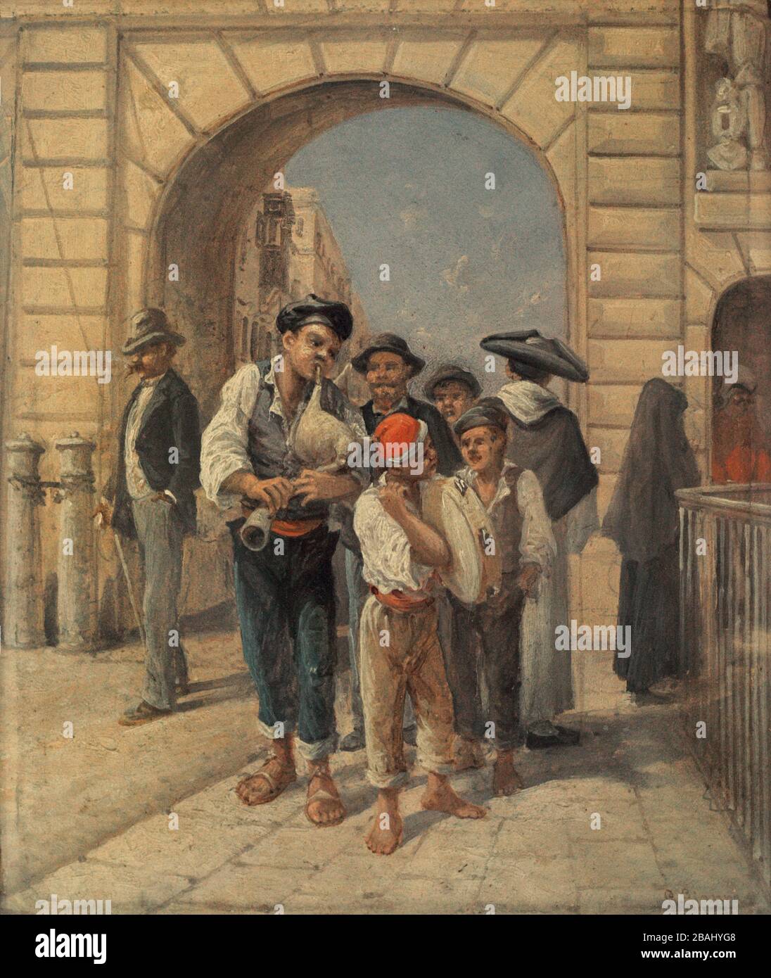 Músicos callejeros en traje tradicional maltés, 1891. Girolamo Gianni (1837-1895). Museo Nacional de Bellas Artes. La Valeta. Malta. Foto Stock