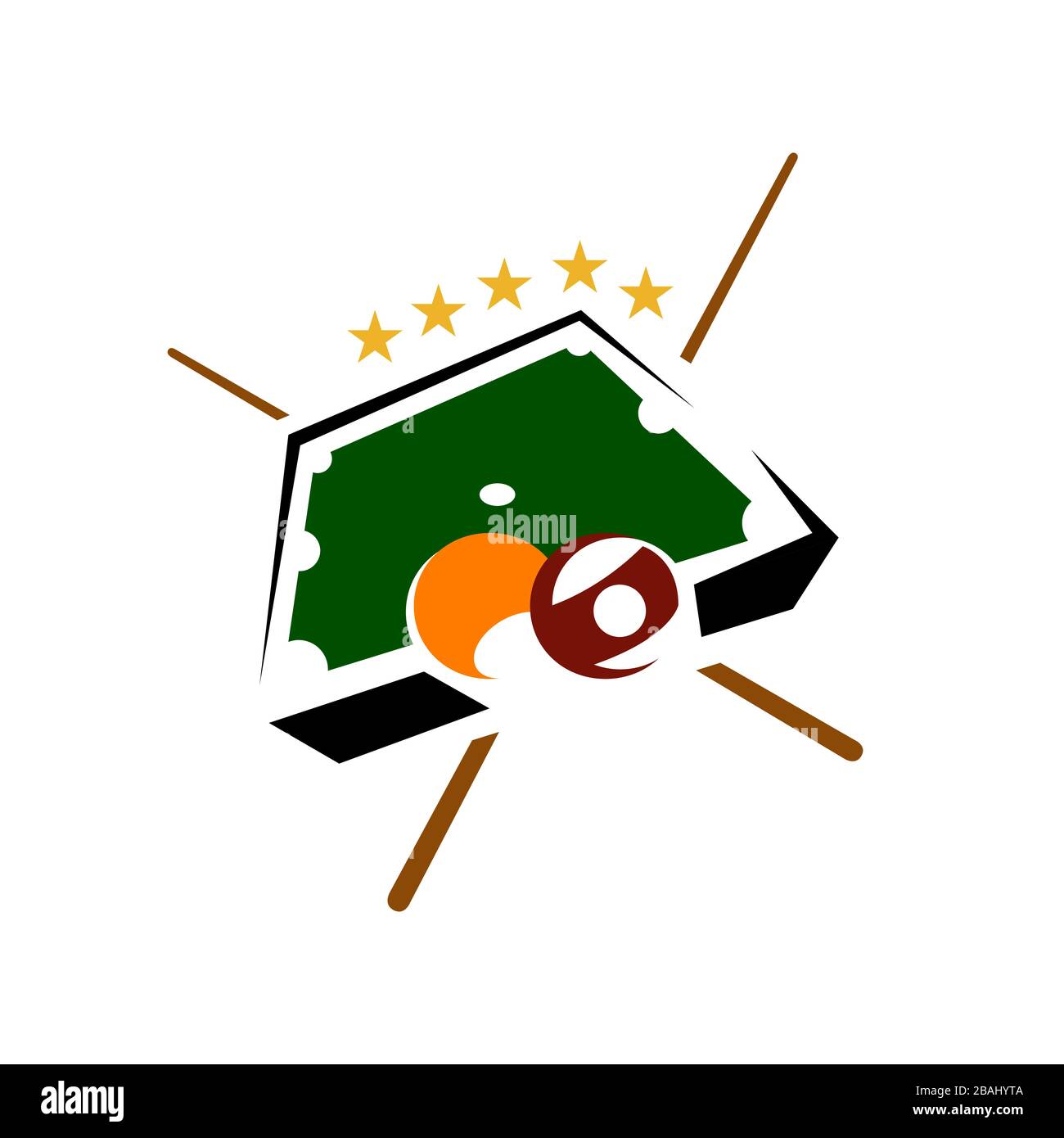 palla da tavolo e bastoni disegno del logo del biliardo simbolo vettoriale illustrazione Illustrazione Vettoriale