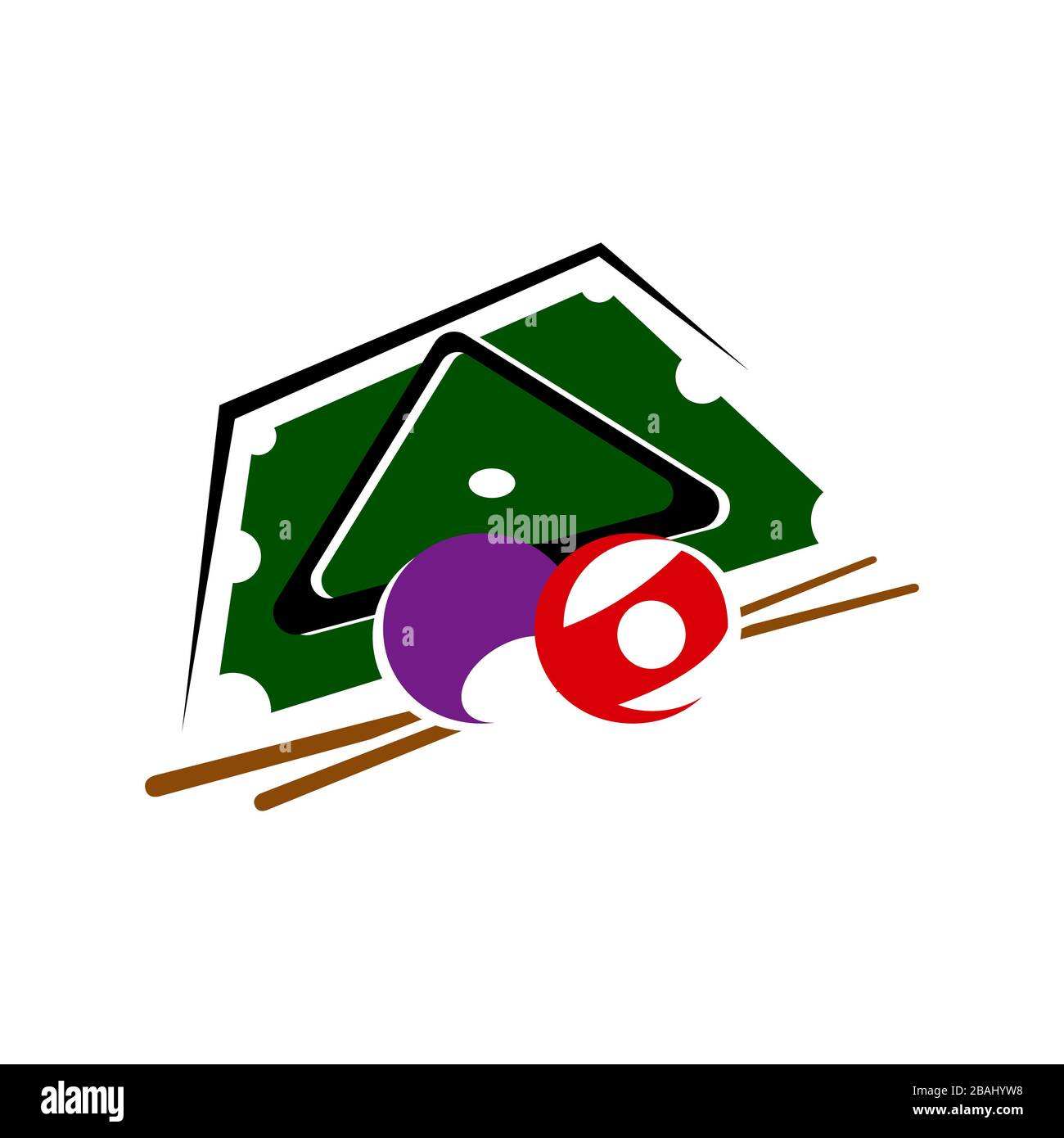 palla da tavolo e bastoni disegno del logo del biliardo simbolo vettoriale illustrazione Illustrazione Vettoriale