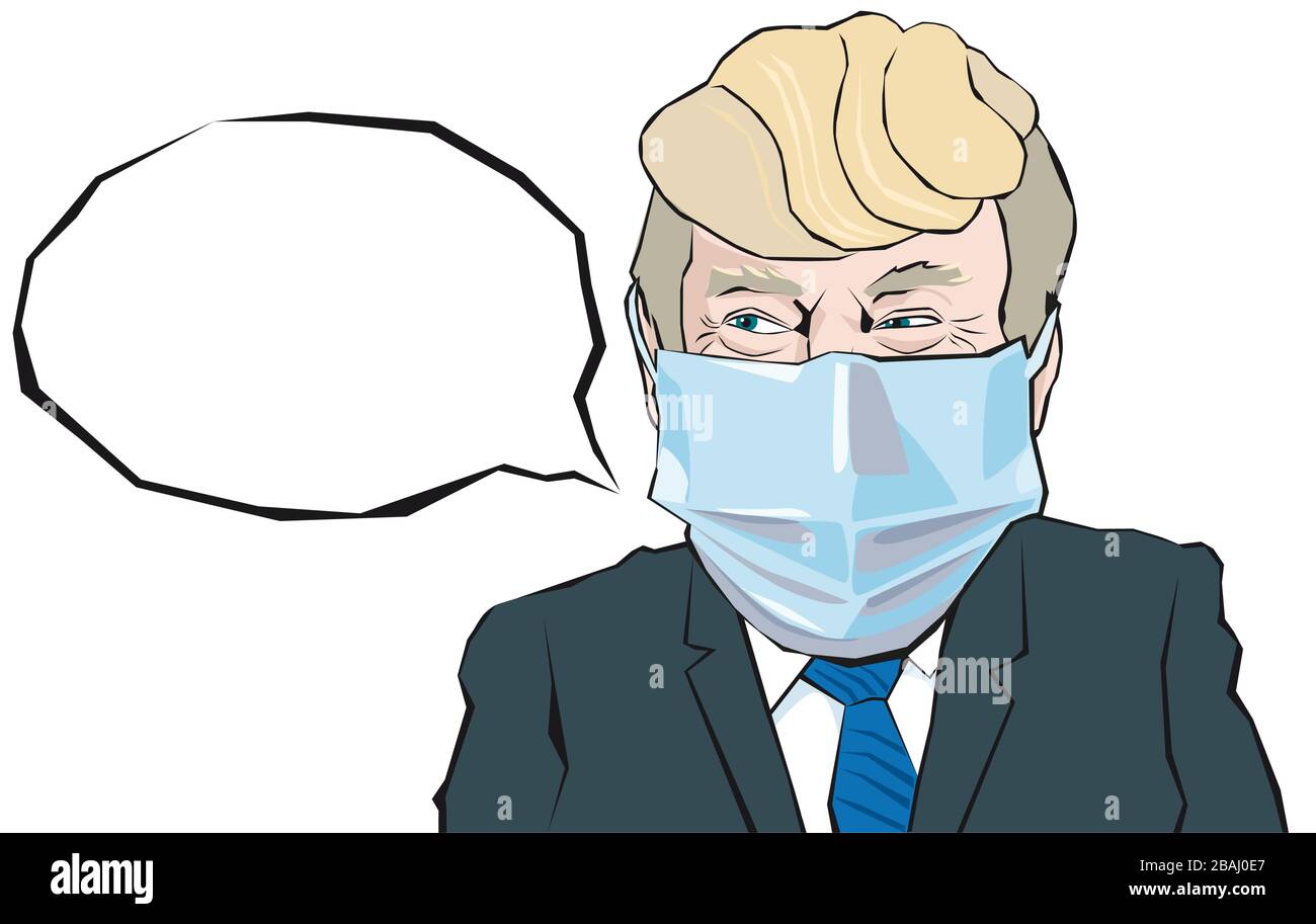 Cartoon Ritratto del presidente in maschera medica dice qualcosa Illustrazione Vettoriale
