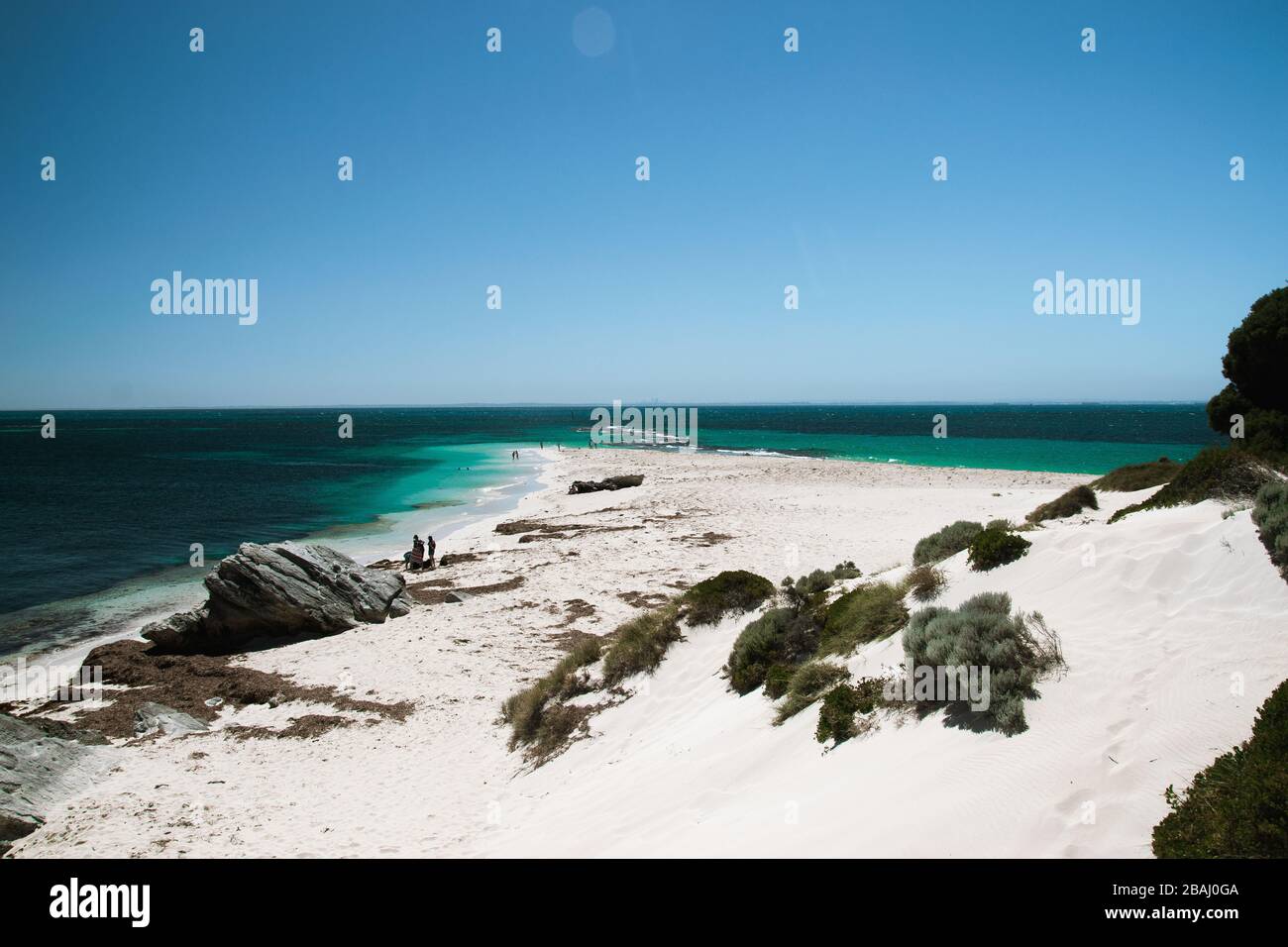 Spiaggia di sabbia bianca immacolata sull'isola di Rottnest e acque turchesi Foto Stock