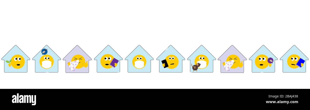 gruppo di case con emoji soggiorno casa, socail distanziando, quarantena banner intestazione. Coronavirus, covid19, concetto giovanile Foto Stock gruppo di case con emoji soggiorno casa, socail distanziando, quarantena banner intestazione. Coronavirus, covid19, concetto giovanile Foto Stock