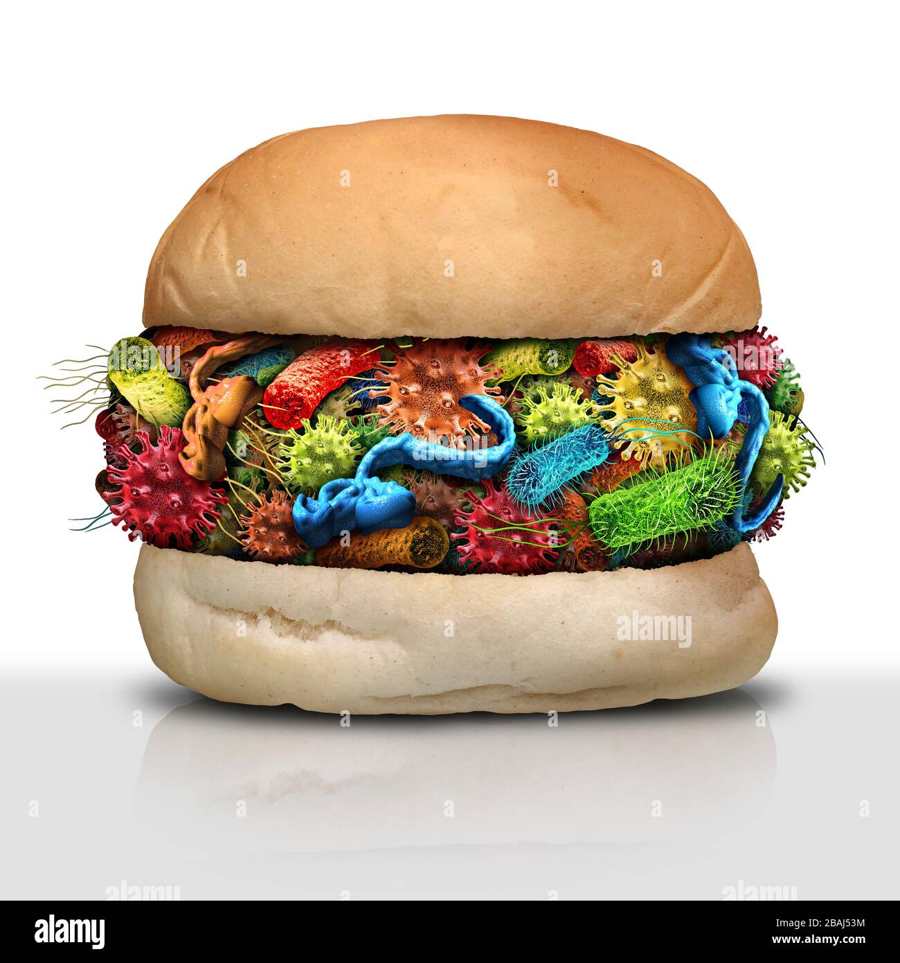 Malattia in alimenti come batteri e germi su un hamburger cattivo e il rischio per la salute di ingerire e mangiare carne contaminata come sicurezza alimentare. Foto Stock
