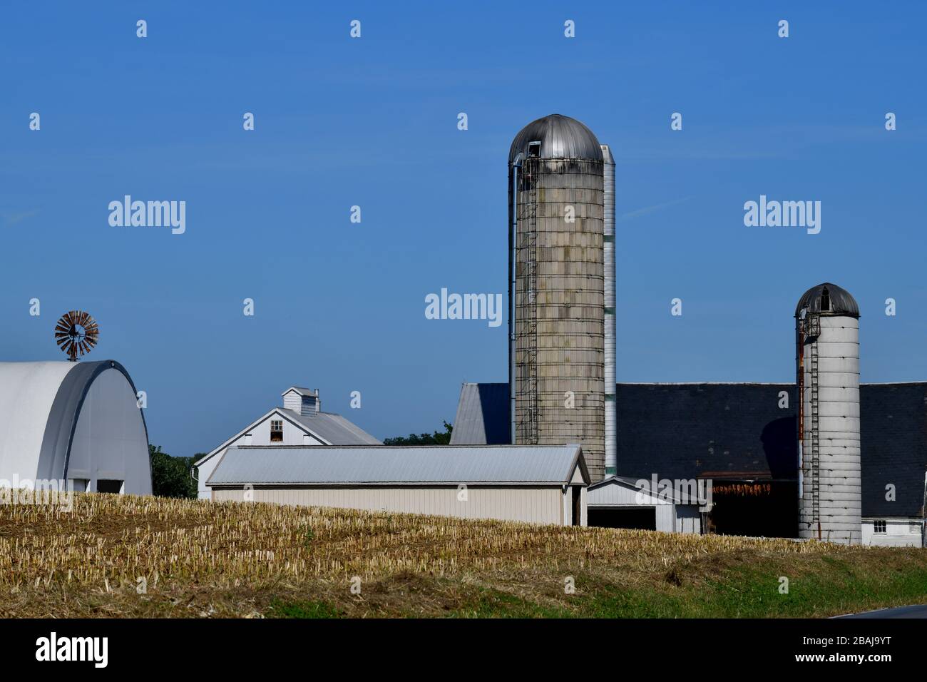 Panoramica dei campi di mais appena raccolti con ceppi che si stagliano fuori e la fattoria con silos sullo sfondo Lancaster County Pennsylvania Foto Stock