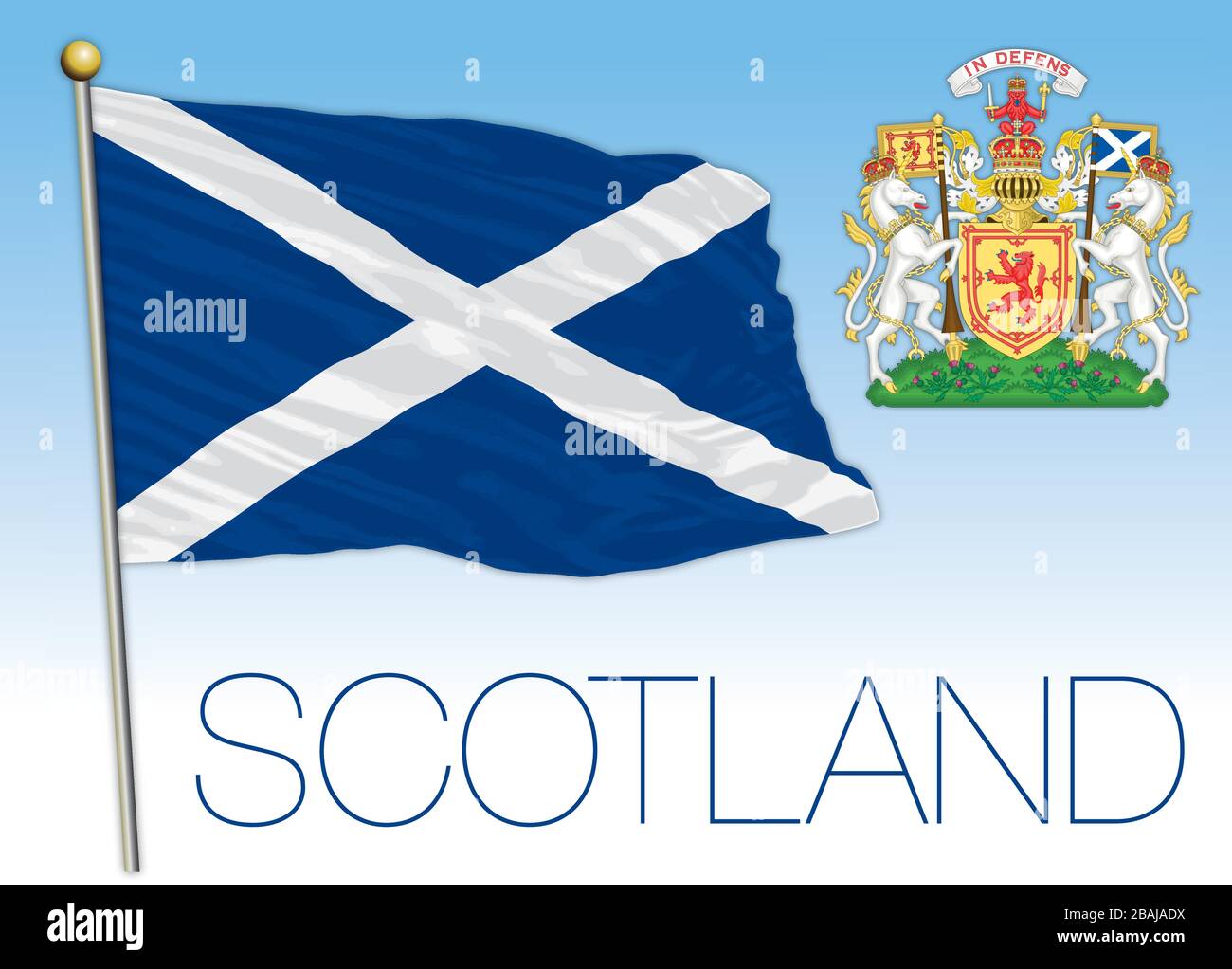 Scozia bandiera nazionale ufficiale e stemma, Regno Unito, illustrazione vettoriale Illustrazione Vettoriale