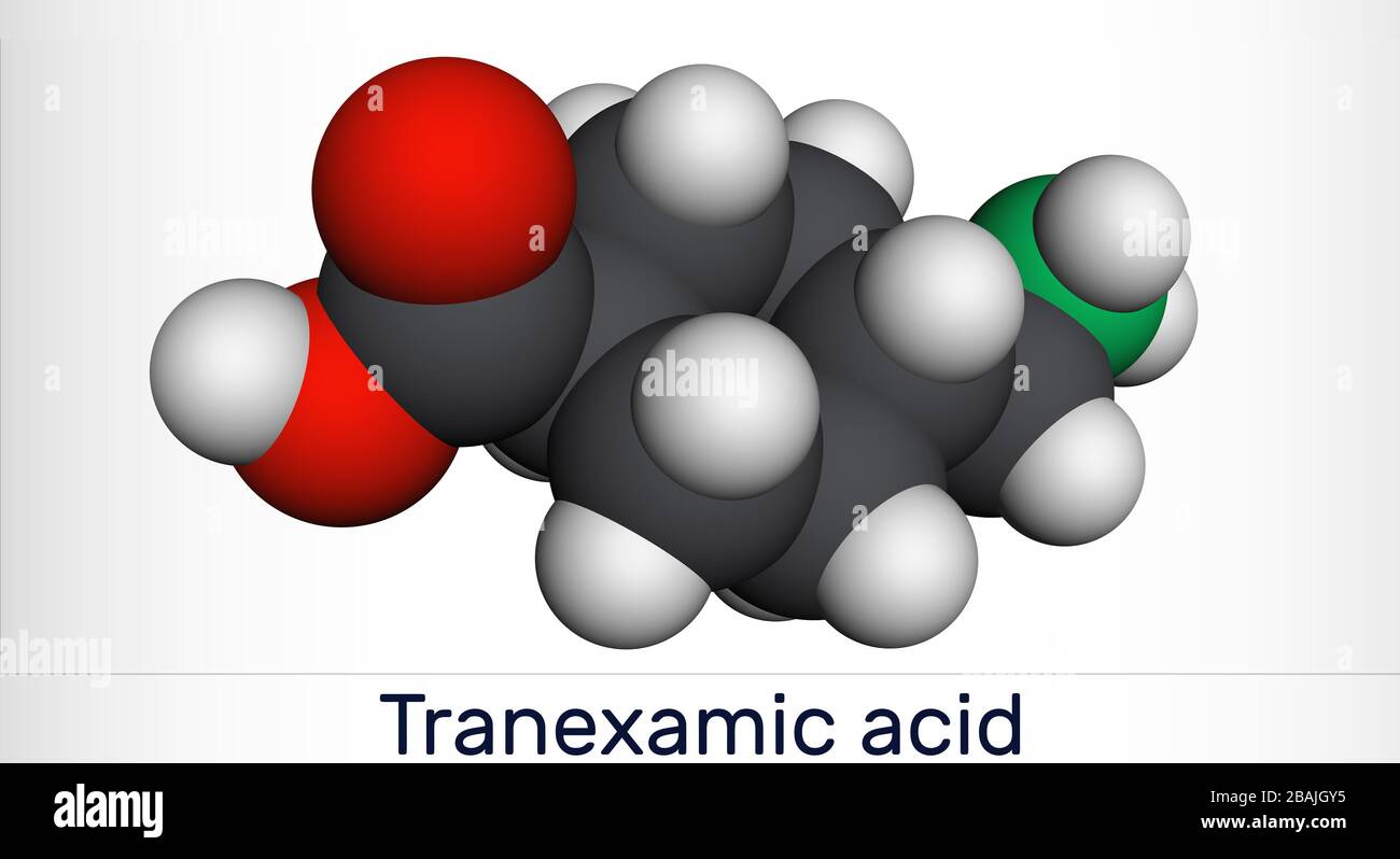 Tranexamic acid, TXA, C8H15NO2 molecola di farmaco, è usato per prevenire il sanguinamento eccessivo. Modello molecolare. Rendering 3D Foto Stock