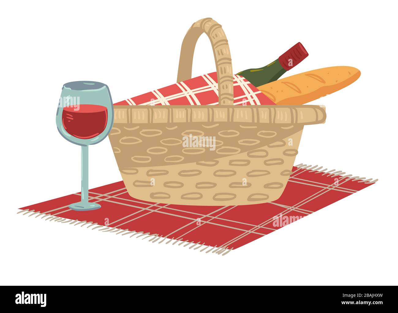 Cestino con vino e pane per pic-nic e panno Illustrazione Vettoriale