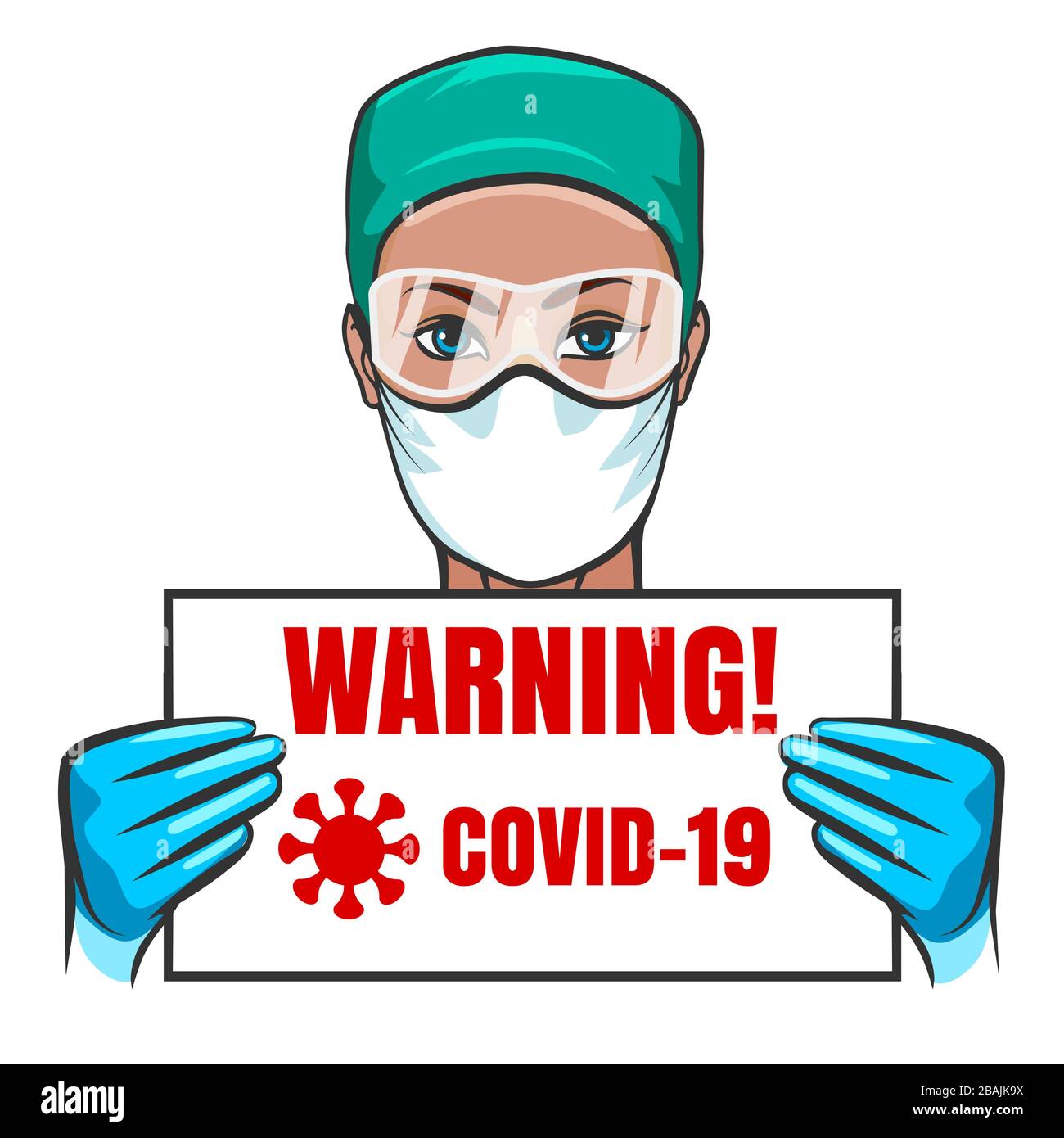 Il medico in cappuccio medico, maschera e occhiali contiene il cartello di avvertimento con l'iscrizione COVID 19. Concetto di Pandemy del coronavirus. Illustrazione vettoriale Illustrazione Vettoriale