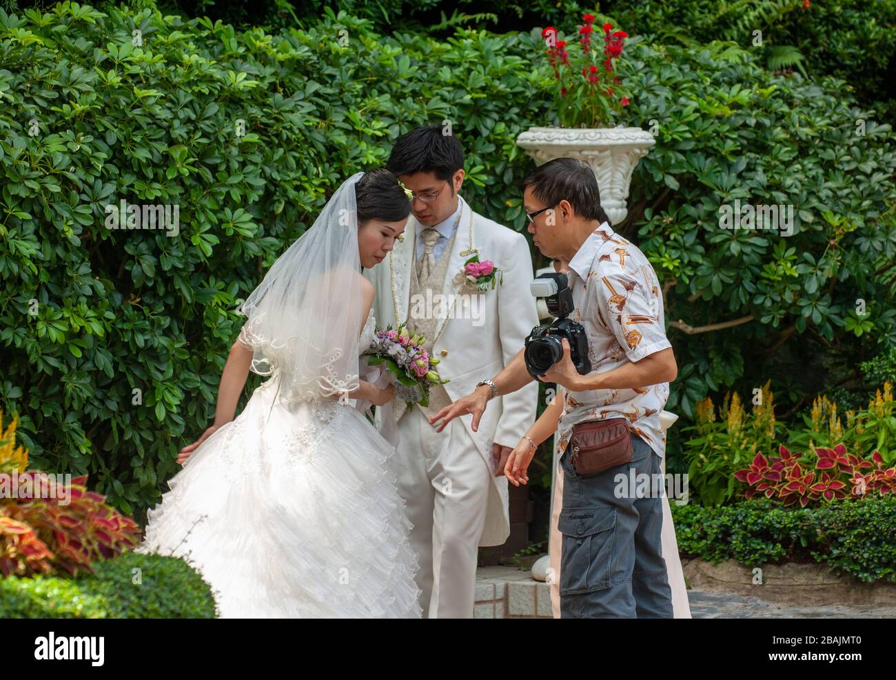 Fotografo di matrimonio in discussione con ponte e sposo, Hong Kong Park, Hong Kong Island. Asia Foto Stock