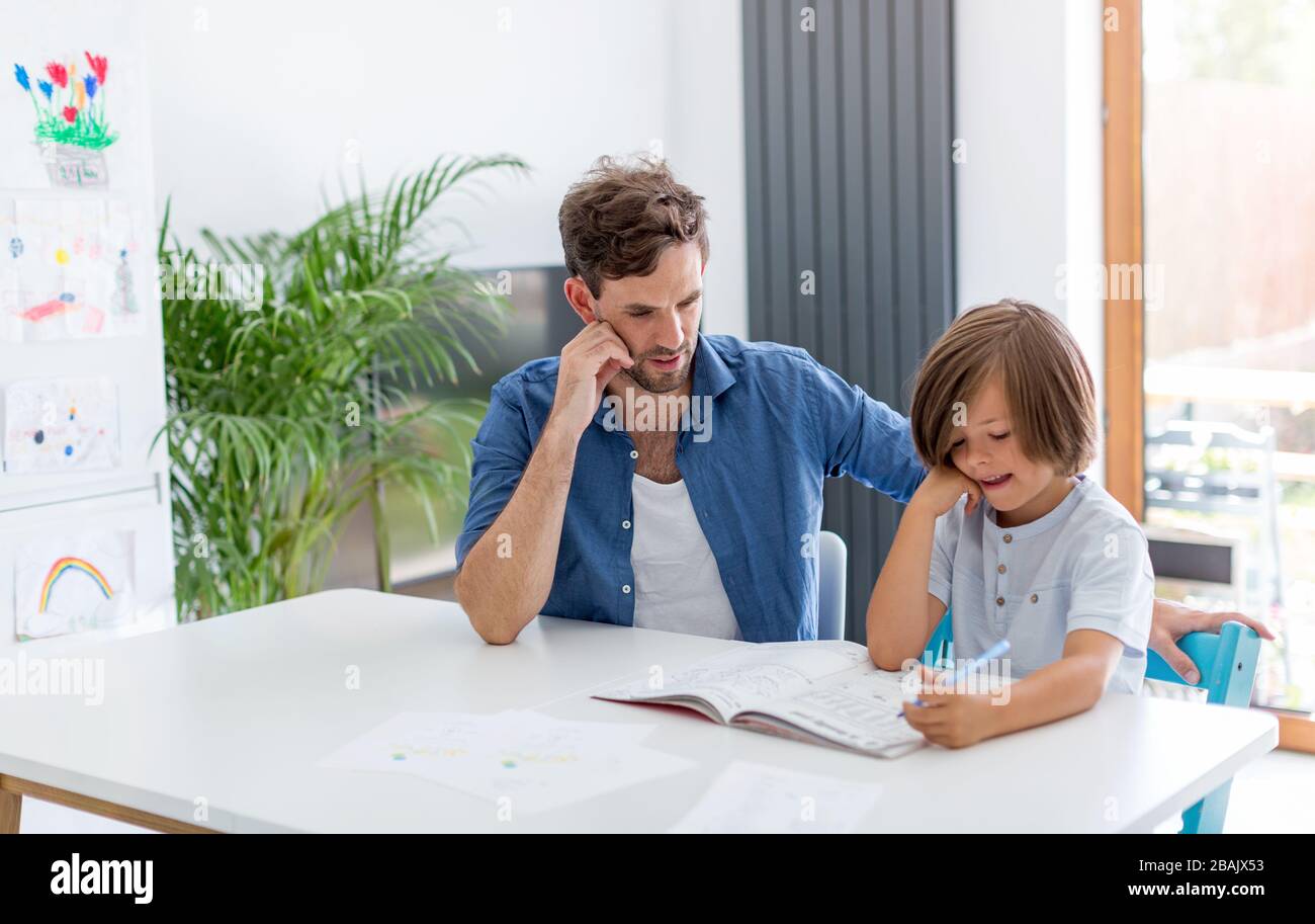 Padre e figlio di studiare insieme a casa Foto Stock