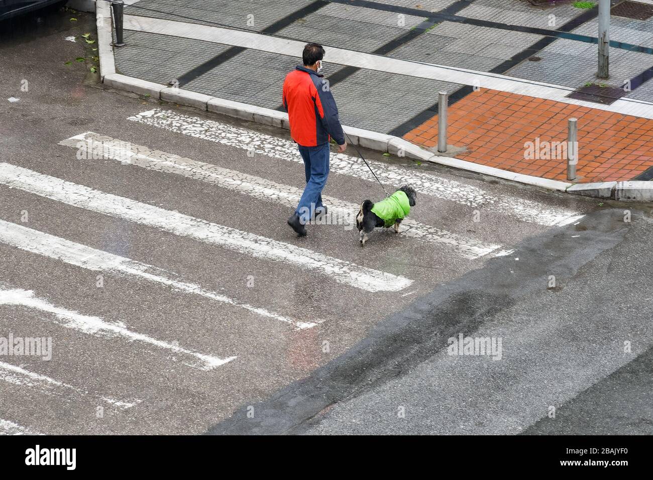 La maschera protettiva per il viso, indossata da uomini, tiene un cane sul guinzaglio in una strada vuota della città, a causa delle restrizioni sul traffico del coronavirus a Salonicco, Grecia. Foto Stock