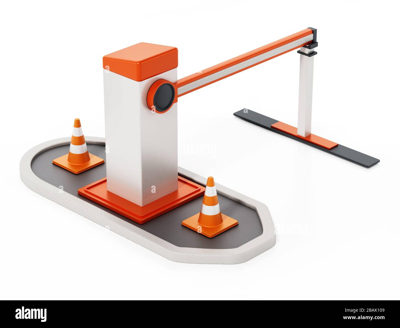 Cancello di sicurezza con barriera chiusa. Illustrazione 3D. Foto Stock