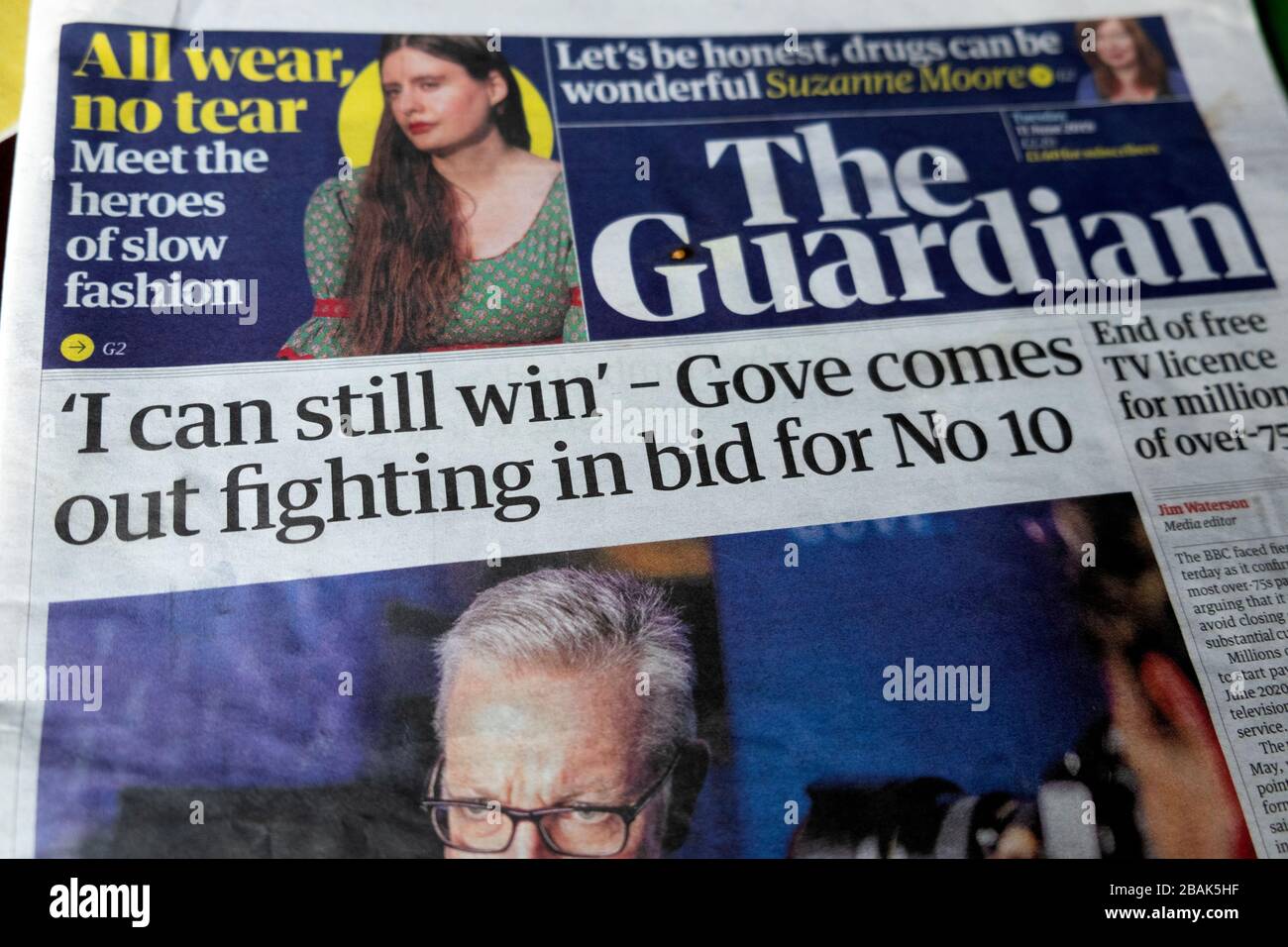 'Posso ancora vincere - Gove esce combattendo in offerta per No 10' prima pagina Guardian giornale titolo Tory leadership concorso 11 giugno 2019 Londra Regno Unito Foto Stock