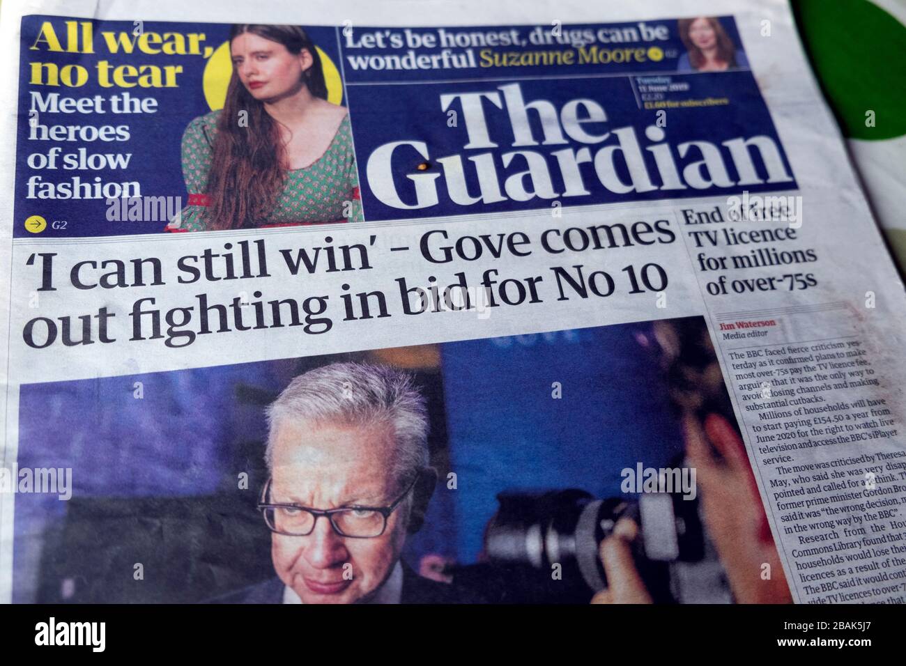 'Posso ancora vincere - Gove esce combattendo in offerta per No 10' prima pagina Guardian giornale titolo Tory leadership concorso 11 giugno 2019 Londra Regno Unito Foto Stock
