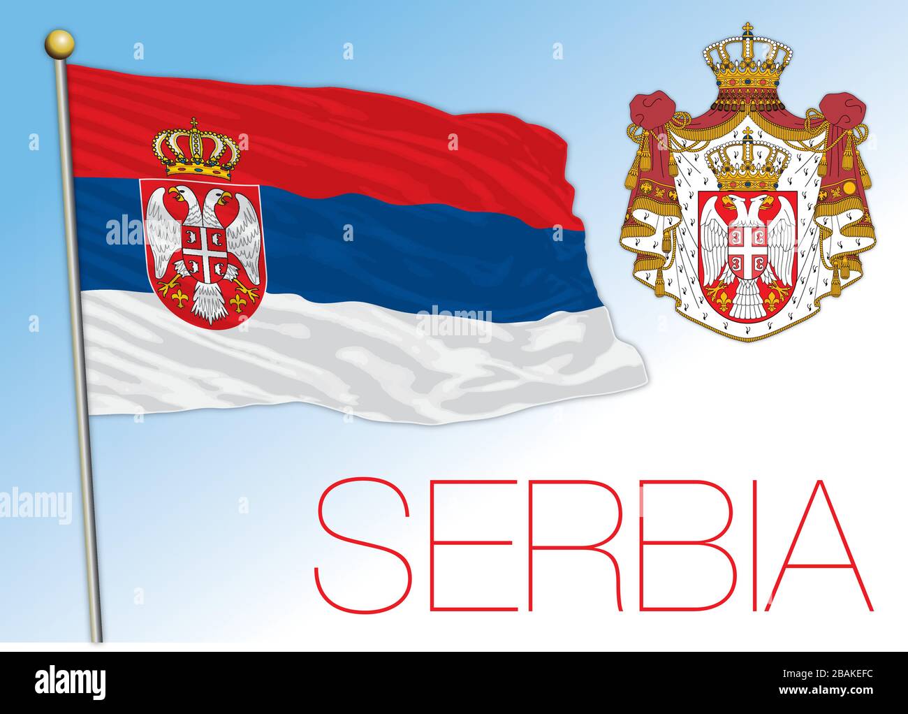Serbia bandiera nazionale ufficiale e stemma, paese europeo, illustrazione vettoriale Illustrazione Vettoriale
