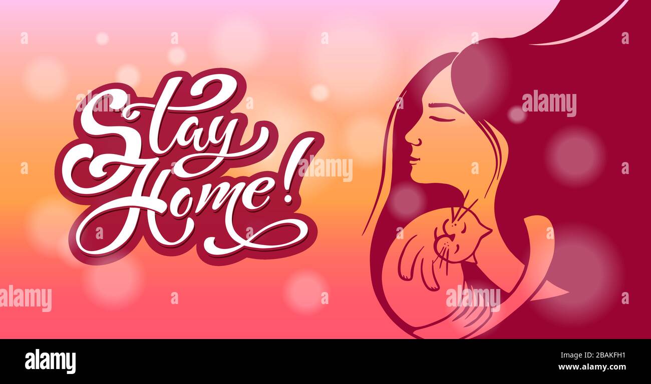 Rimani a casa lettere e disegno di una ragazza con un gatto. Lettere disegnate a mano. Slogan motivazionale vettoriale. Illustrazione Vettoriale